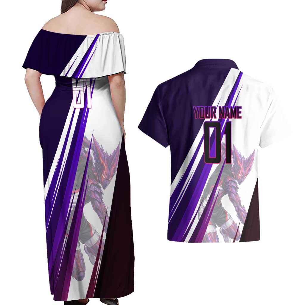 Personalized Garou Monster Volleyball Design Couples Matching Off Shoulder Maxi Dress and Hawaiian Shirt with Dynamic Pose, Purple and White Diagonal Stripes Featuring One Punch Man Anime Theme
