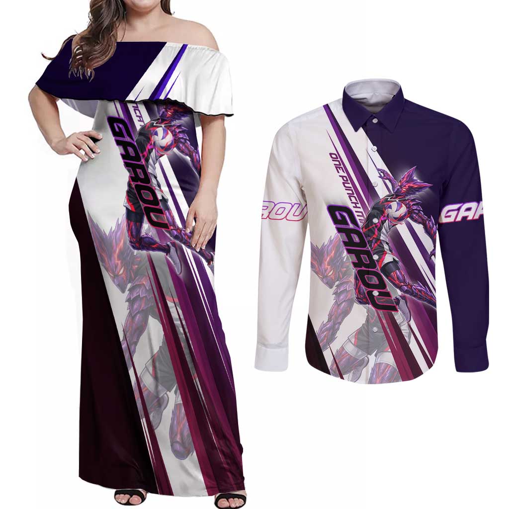 Personalized Garou Monster Volleyball Design Couples Matching Off Shoulder Maxi Dress and Long Sleeve Button Shirt with Dynamic Pose, Purple and White Diagonal Stripes Featuring One Punch Man Anime Theme