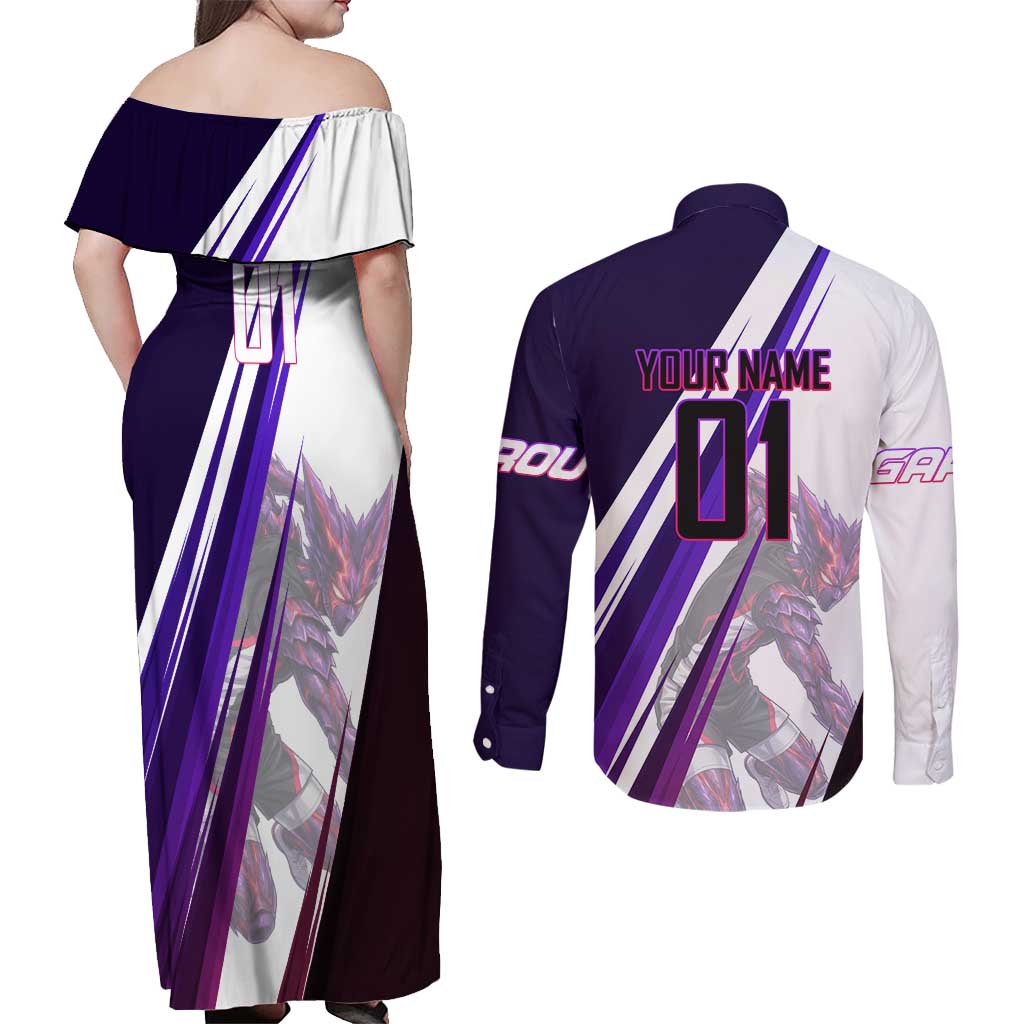 Personalized Garou Monster Volleyball Design Couples Matching Off Shoulder Maxi Dress and Long Sleeve Button Shirt with Dynamic Pose, Purple and White Diagonal Stripes Featuring One Punch Man Anime Theme