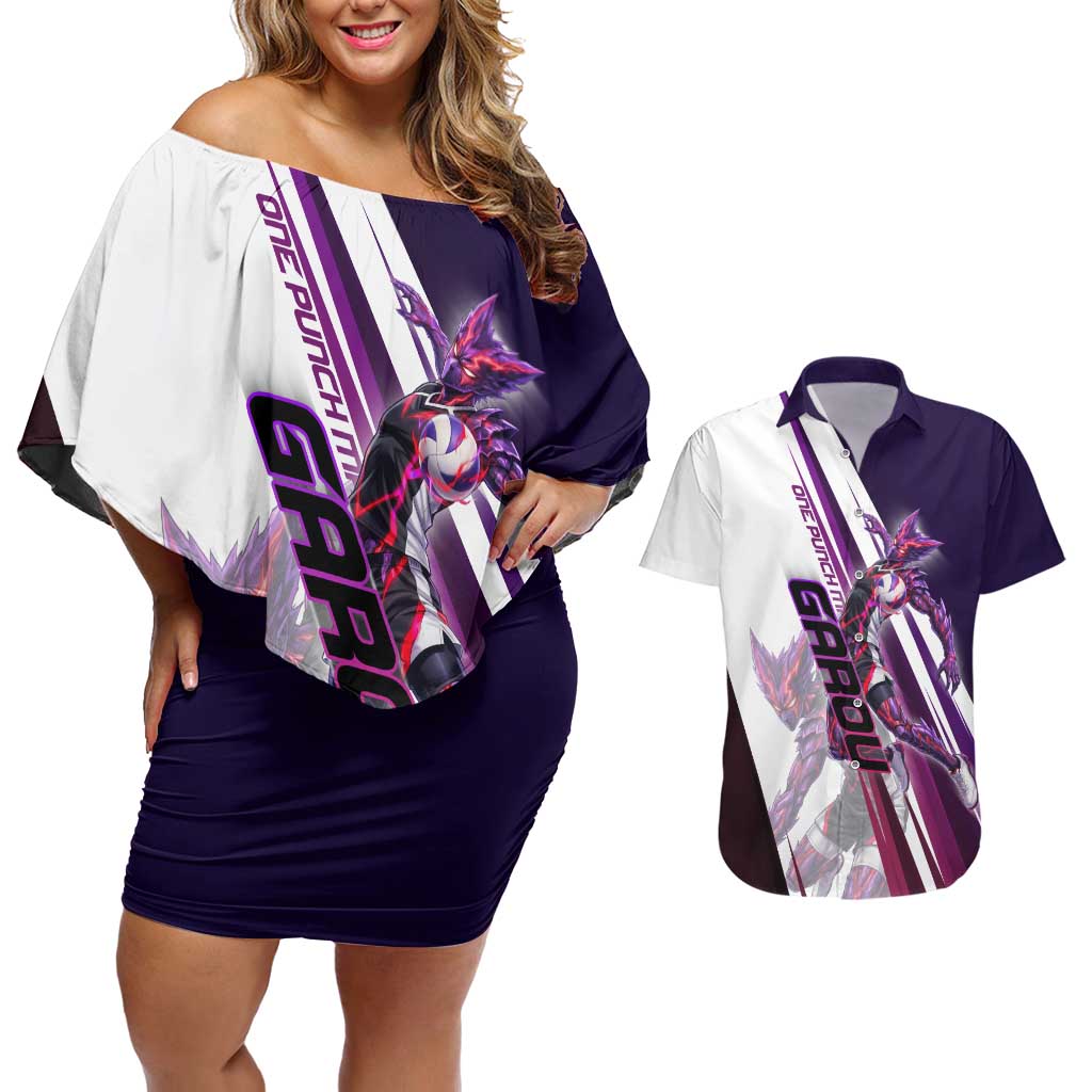 Personalized Garou Monster Volleyball Design Couples Matching Off Shoulder Short Dress and Hawaiian Shirt with Dynamic Pose, Purple and White Diagonal Stripes Featuring One Punch Man Anime Theme