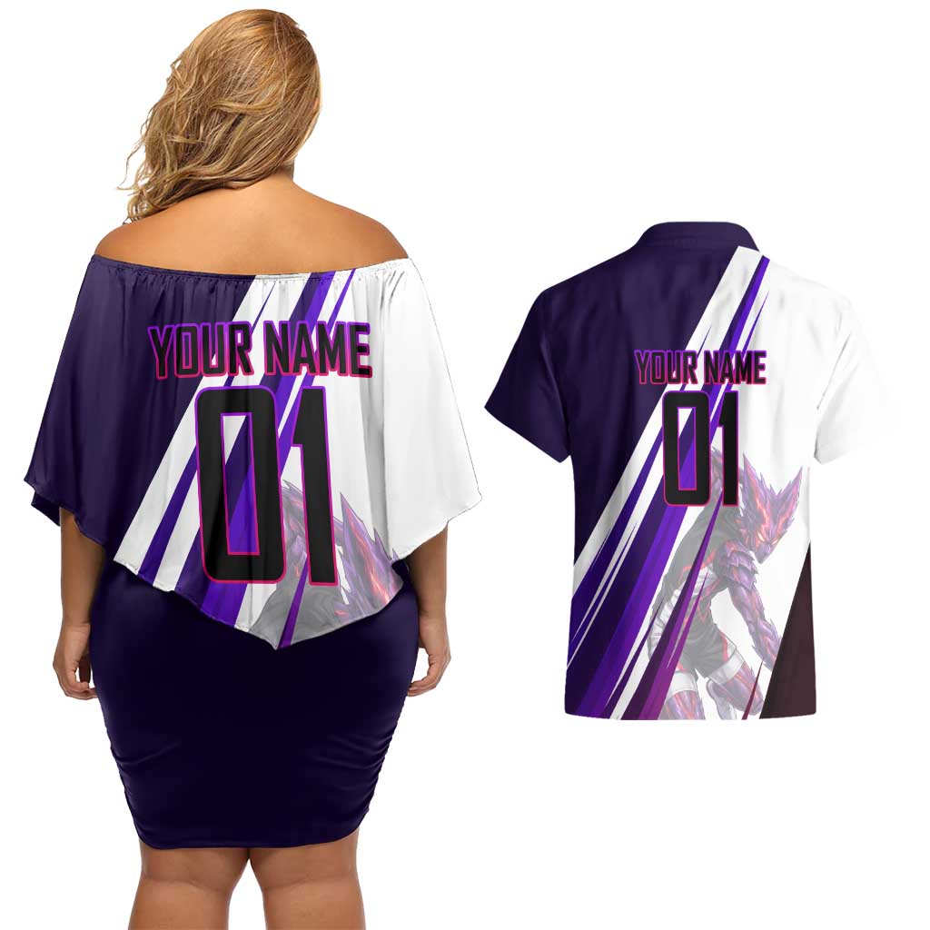 Personalized Garou Monster Volleyball Design Couples Matching Off Shoulder Short Dress and Hawaiian Shirt with Dynamic Pose, Purple and White Diagonal Stripes Featuring One Punch Man Anime Theme