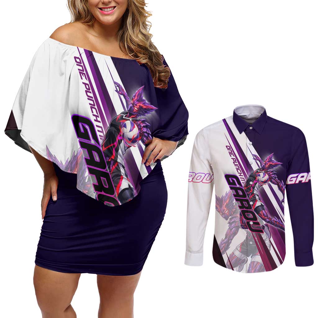 Personalized Garou Monster Volleyball Design Couples Matching Off Shoulder Short Dress and Long Sleeve Button Shirt with Dynamic Pose, Purple and White Diagonal Stripes Featuring One Punch Man Anime Theme