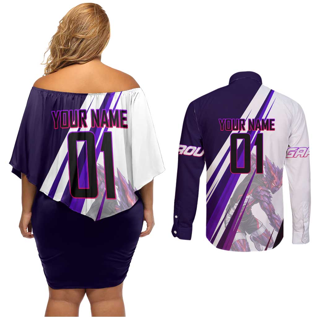 Personalized Garou Monster Volleyball Design Couples Matching Off Shoulder Short Dress and Long Sleeve Button Shirt with Dynamic Pose, Purple and White Diagonal Stripes Featuring One Punch Man Anime Theme
