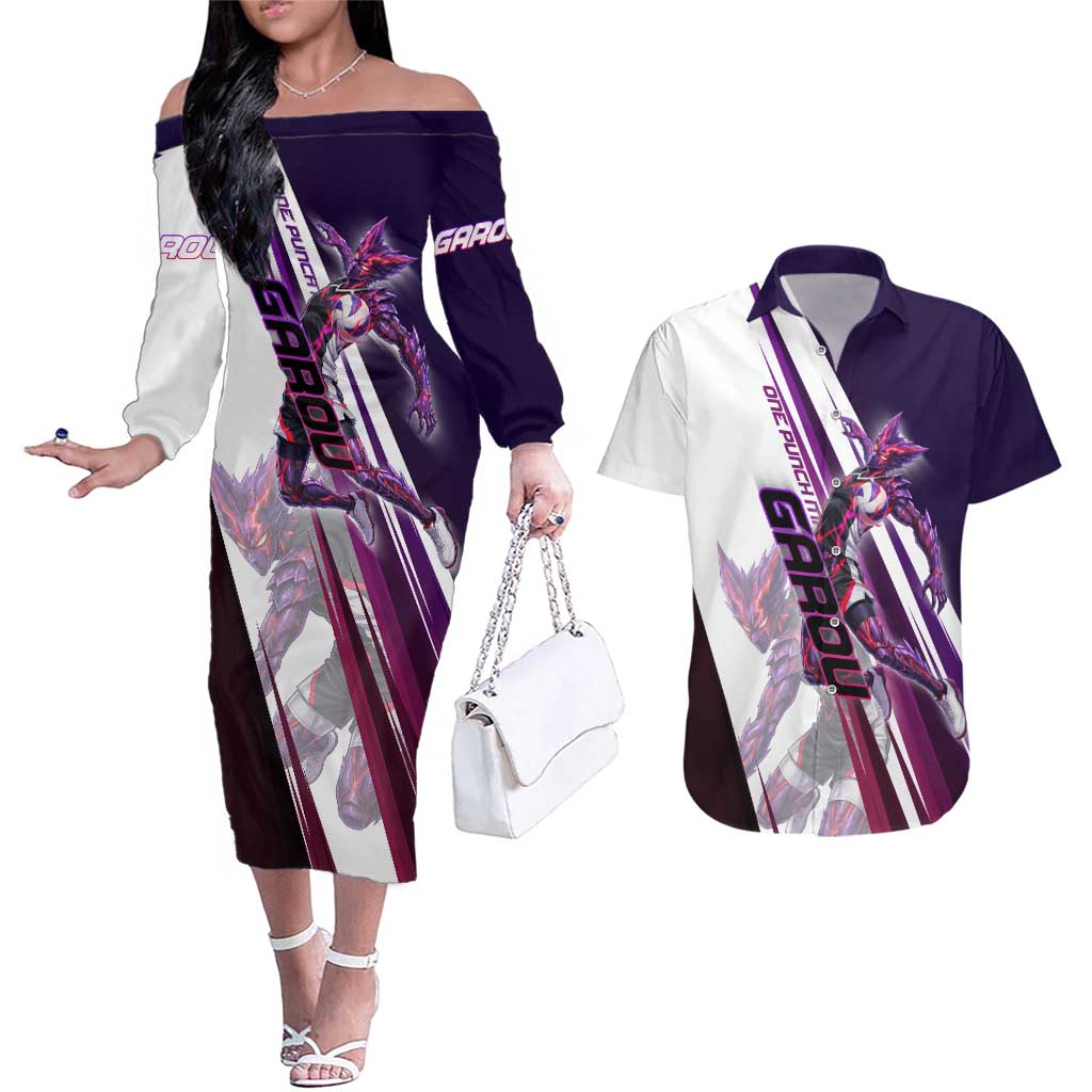 Personalized Garou Monster Volleyball Design Couples Matching Off The Shoulder Long Sleeve Dress and Hawaiian Shirt with Dynamic Pose, Purple and White Diagonal Stripes Featuring One Punch Man Anime Theme