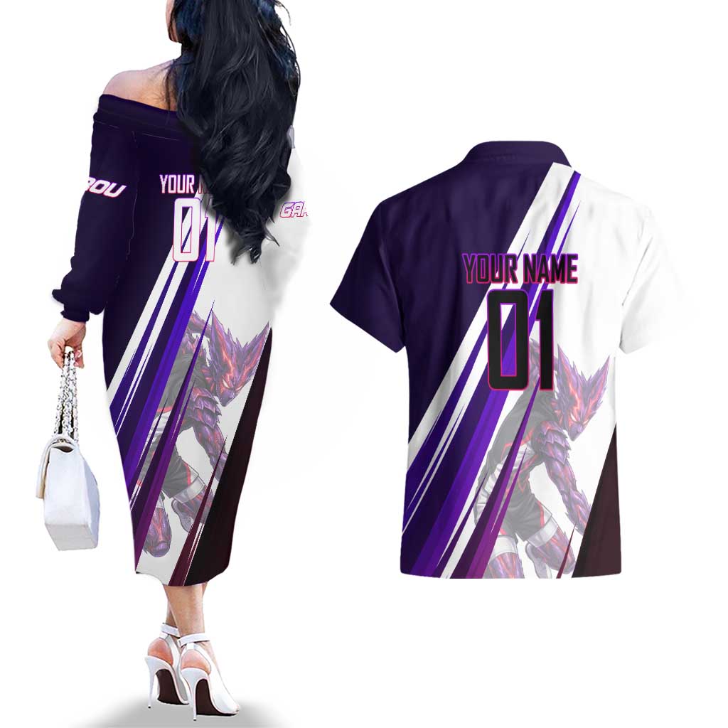 Personalized Garou Monster Volleyball Design Couples Matching Off The Shoulder Long Sleeve Dress and Hawaiian Shirt with Dynamic Pose, Purple and White Diagonal Stripes Featuring One Punch Man Anime Theme