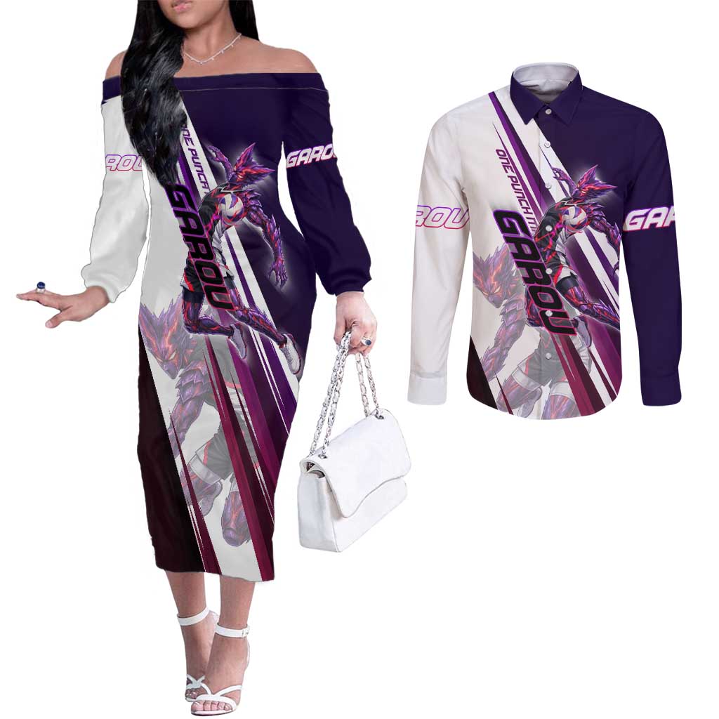 Personalized Garou Monster Volleyball Design Couples Matching Off The Shoulder Long Sleeve Dress and Long Sleeve Button Shirt with Dynamic Pose, Purple and White Diagonal Stripes Featuring One Punch Man Anime Theme