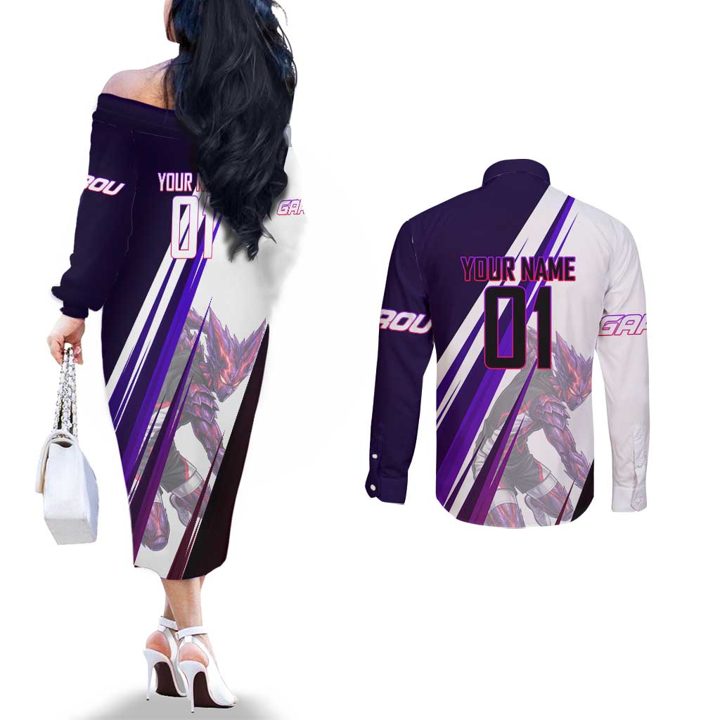 Personalized Garou Monster Volleyball Design Couples Matching Off The Shoulder Long Sleeve Dress and Long Sleeve Button Shirt with Dynamic Pose, Purple and White Diagonal Stripes Featuring One Punch Man Anime Theme