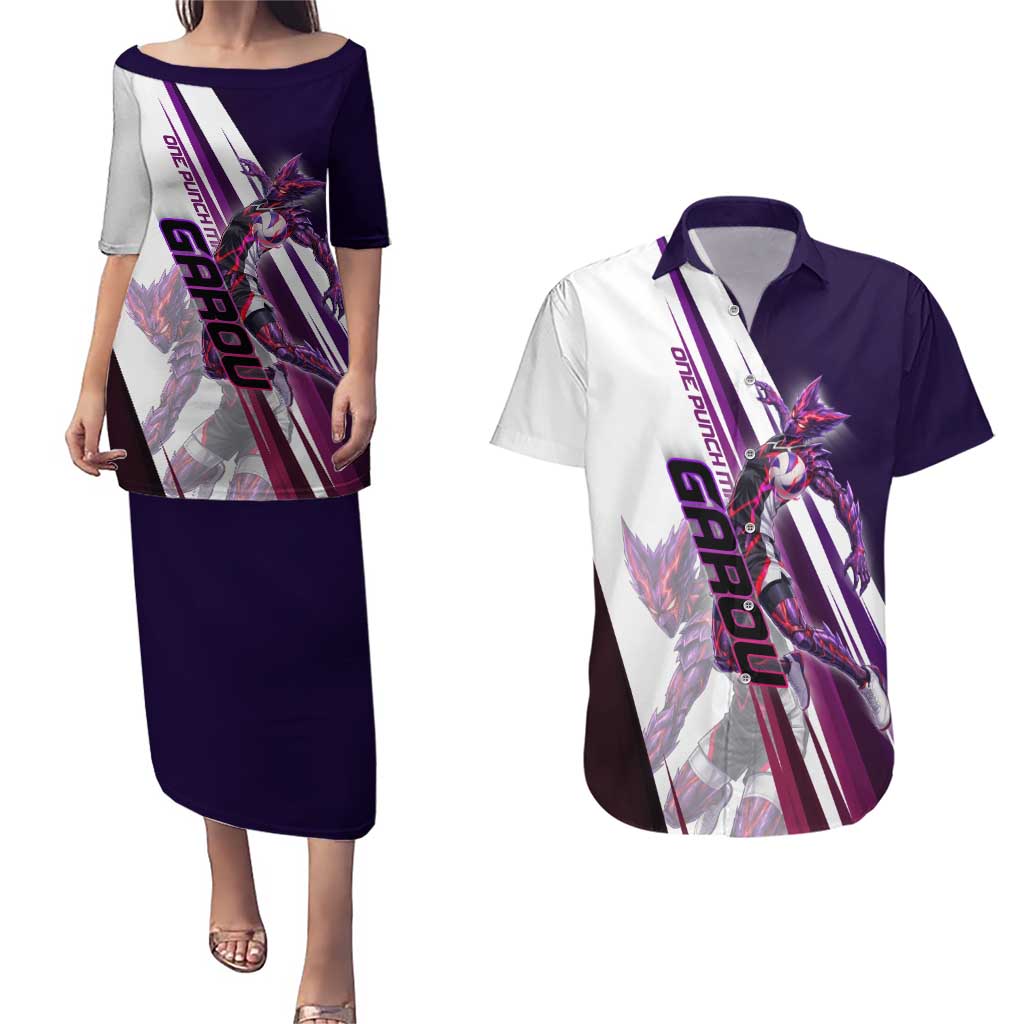 Personalized Garou Monster Volleyball Design Couples Matching Puletasi and Hawaiian Shirt with Dynamic Pose, Purple and White Diagonal Stripes Featuring One Punch Man Anime Theme
