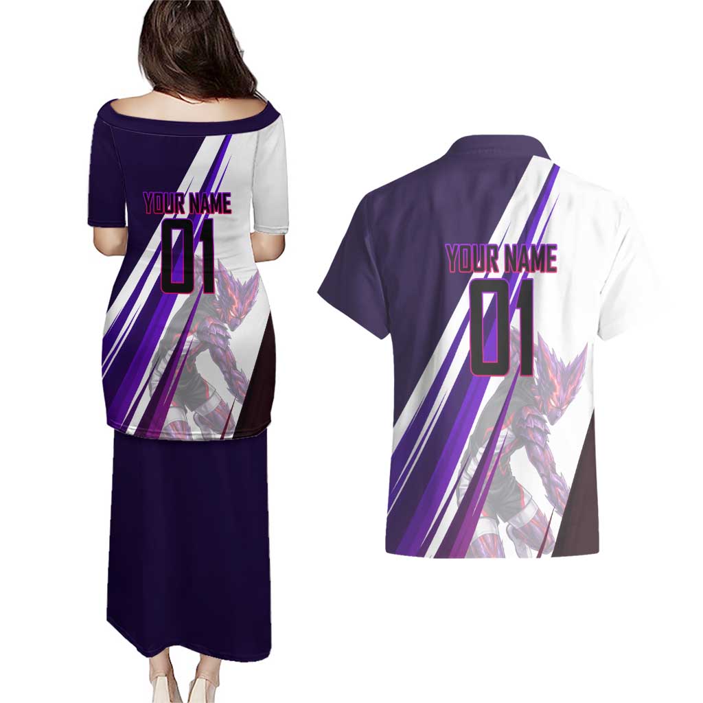 Personalized Garou Monster Volleyball Design Couples Matching Puletasi and Hawaiian Shirt with Dynamic Pose, Purple and White Diagonal Stripes Featuring One Punch Man Anime Theme