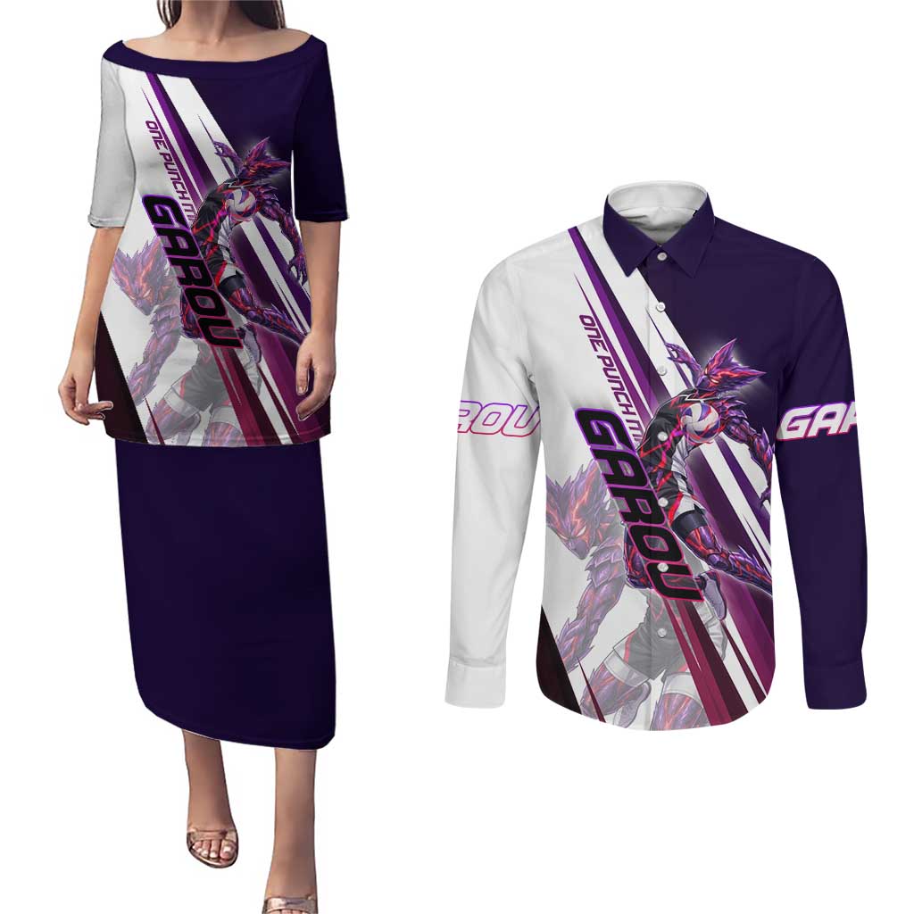 Personalized Garou Monster Volleyball Design Couples Matching Puletasi and Long Sleeve Button Shirt with Dynamic Pose, Purple and White Diagonal Stripes Featuring One Punch Man Anime Theme