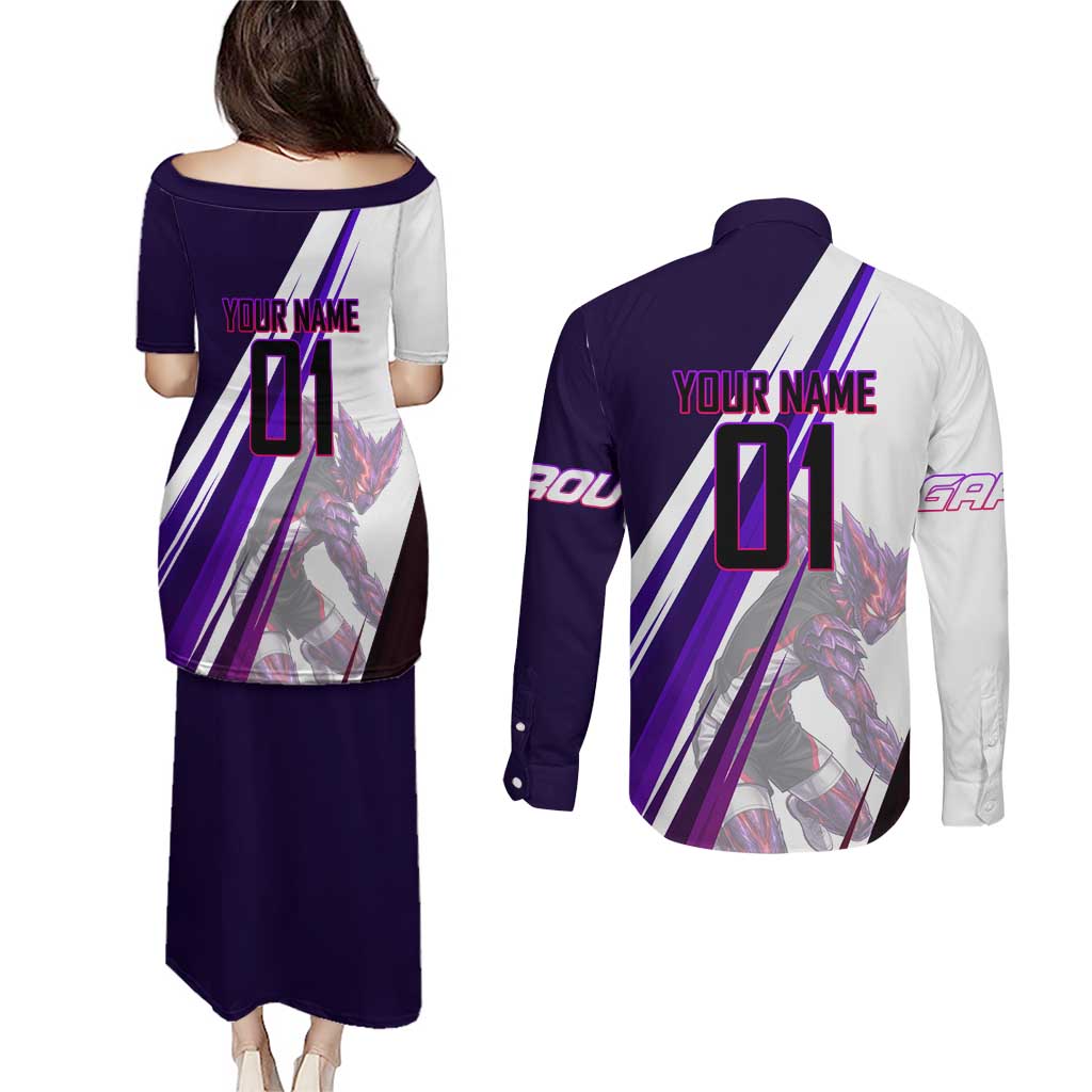 Personalized Garou Monster Volleyball Design Couples Matching Puletasi and Long Sleeve Button Shirt with Dynamic Pose, Purple and White Diagonal Stripes Featuring One Punch Man Anime Theme