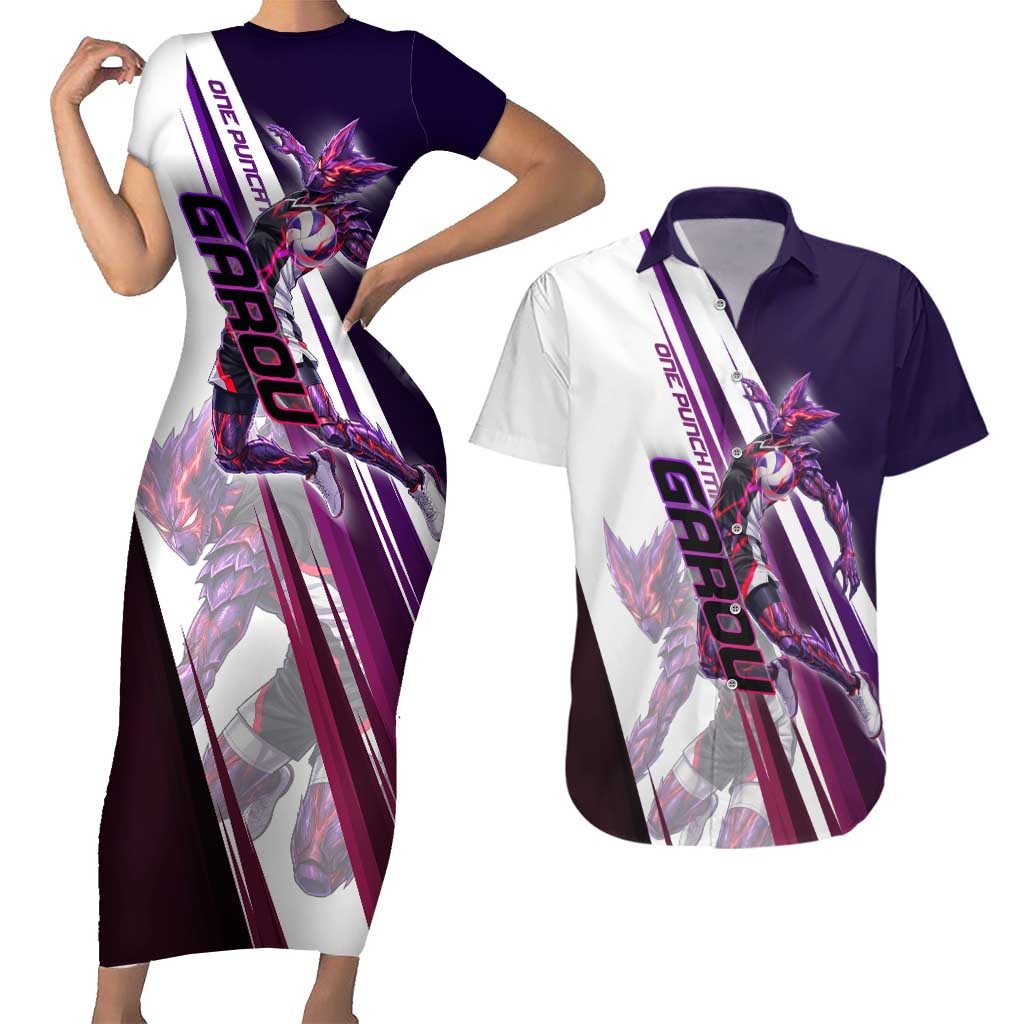 Personalized Garou Monster Volleyball Design Couples Matching Short Sleeve Bodycon Dress and Hawaiian Shirt with Dynamic Pose, Purple and White Diagonal Stripes Featuring One Punch Man Anime Theme