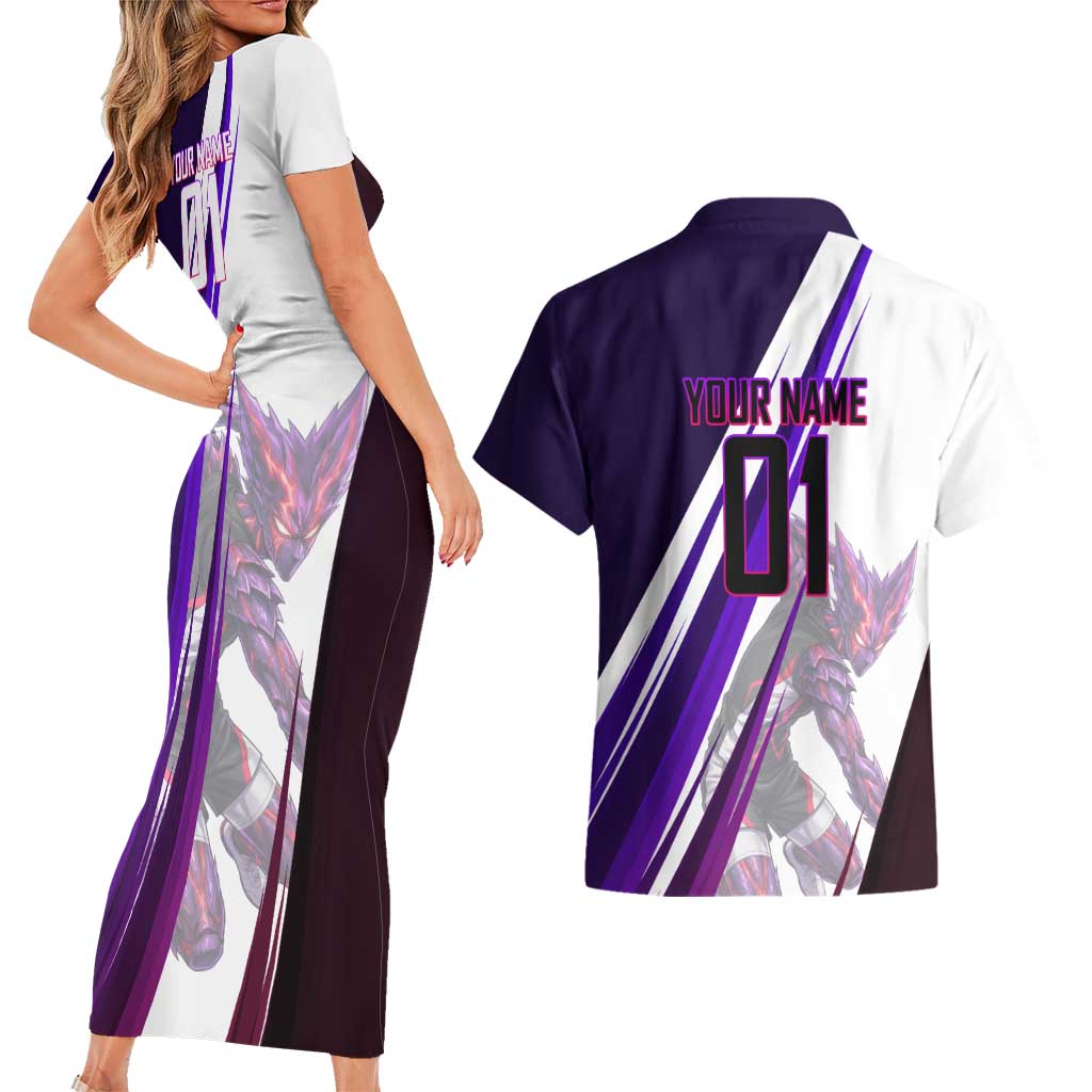 Personalized Garou Monster Volleyball Design Couples Matching Short Sleeve Bodycon Dress and Hawaiian Shirt with Dynamic Pose, Purple and White Diagonal Stripes Featuring One Punch Man Anime Theme