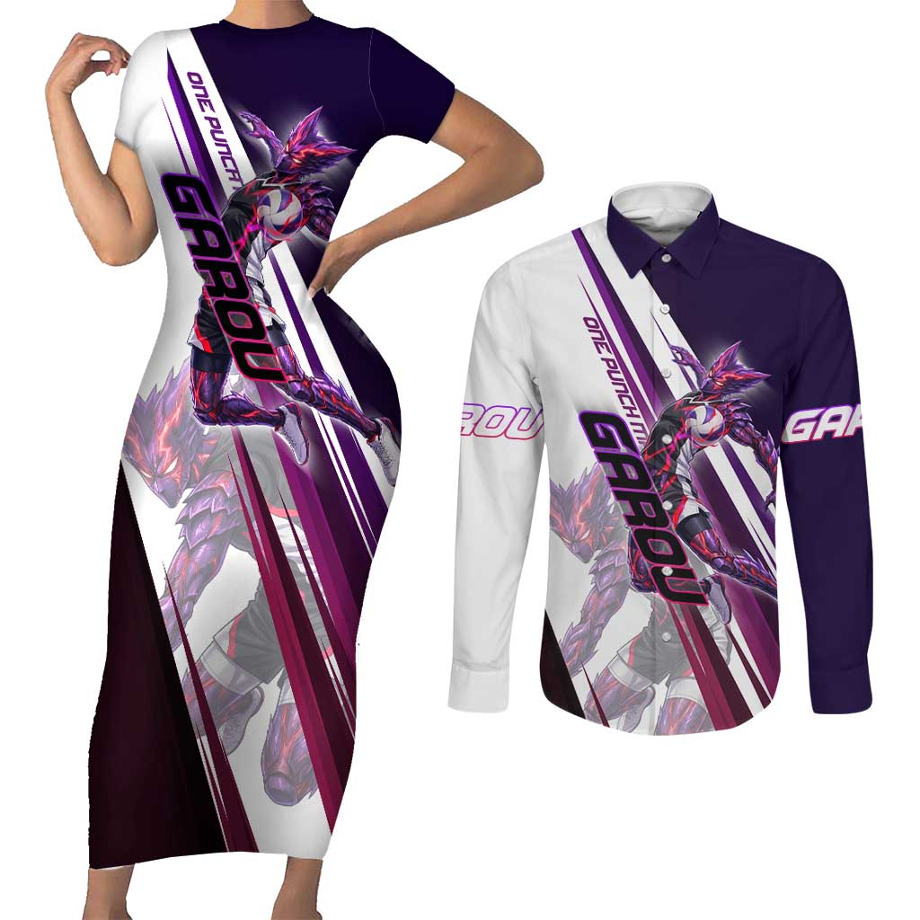 Personalized Garou Monster Volleyball Design Couples Matching Short Sleeve Bodycon Dress and Long Sleeve Button Shirt with Dynamic Pose, Purple and White Diagonal Stripes Featuring One Punch Man Anime Theme