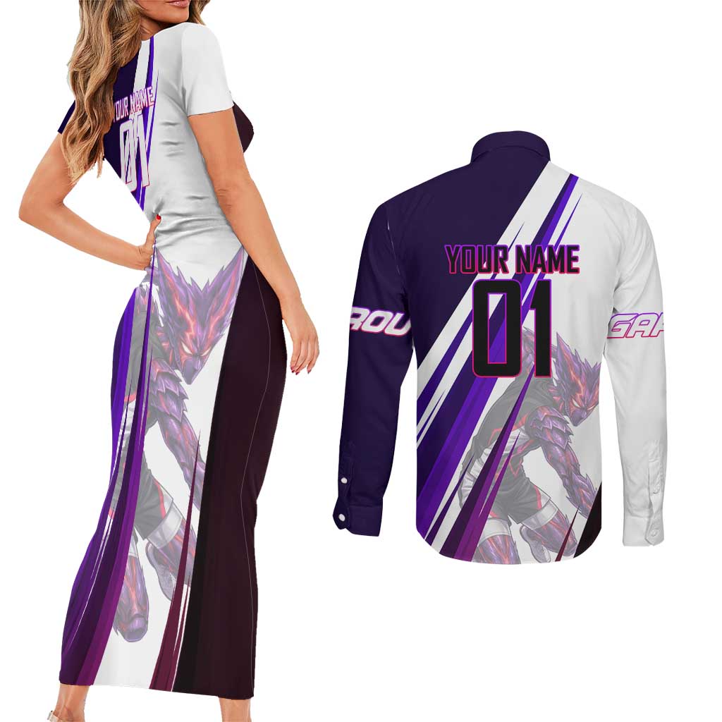 Personalized Garou Monster Volleyball Design Couples Matching Short Sleeve Bodycon Dress and Long Sleeve Button Shirt with Dynamic Pose, Purple and White Diagonal Stripes Featuring One Punch Man Anime Theme