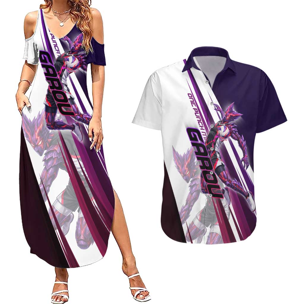 Personalized Garou Monster Volleyball Design Couples Matching Summer Maxi Dress and Hawaiian Shirt with Dynamic Pose, Purple and White Diagonal Stripes Featuring One Punch Man Anime Theme