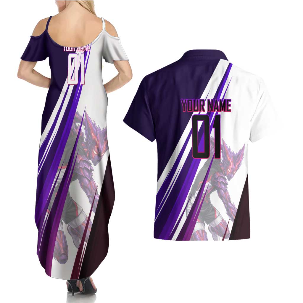 Personalized Garou Monster Volleyball Design Couples Matching Summer Maxi Dress and Hawaiian Shirt with Dynamic Pose, Purple and White Diagonal Stripes Featuring One Punch Man Anime Theme