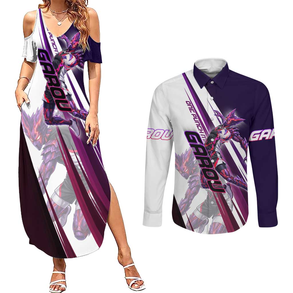 Personalized Garou Monster Volleyball Design Couples Matching Summer Maxi Dress and Long Sleeve Button Shirt with Dynamic Pose, Purple and White Diagonal Stripes Featuring One Punch Man Anime Theme