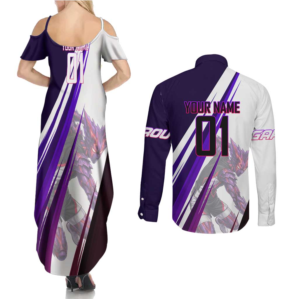 Personalized Garou Monster Volleyball Design Couples Matching Summer Maxi Dress and Long Sleeve Button Shirt with Dynamic Pose, Purple and White Diagonal Stripes Featuring One Punch Man Anime Theme