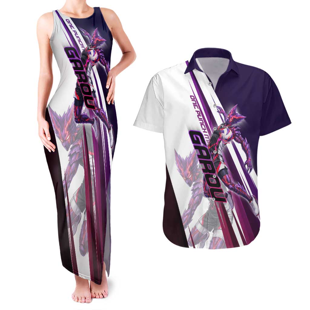 Personalized Garou Monster Volleyball Design Couples Matching Tank Maxi Dress and Hawaiian Shirt with Dynamic Pose, Purple and White Diagonal Stripes Featuring One Punch Man Anime Theme