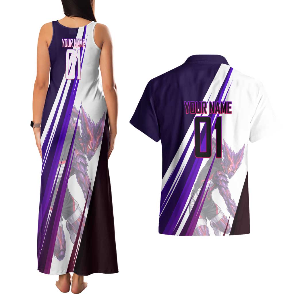 Personalized Garou Monster Volleyball Design Couples Matching Tank Maxi Dress and Hawaiian Shirt with Dynamic Pose, Purple and White Diagonal Stripes Featuring One Punch Man Anime Theme