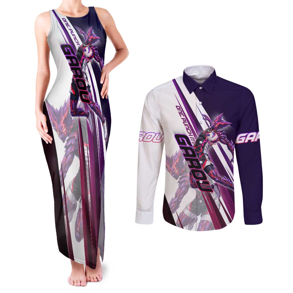 Personalized Garou Monster Volleyball Design Couples Matching Tank Maxi Dress and Long Sleeve Button Shirt with Dynamic Pose, Purple and White Diagonal Stripes Featuring One Punch Man Anime Theme