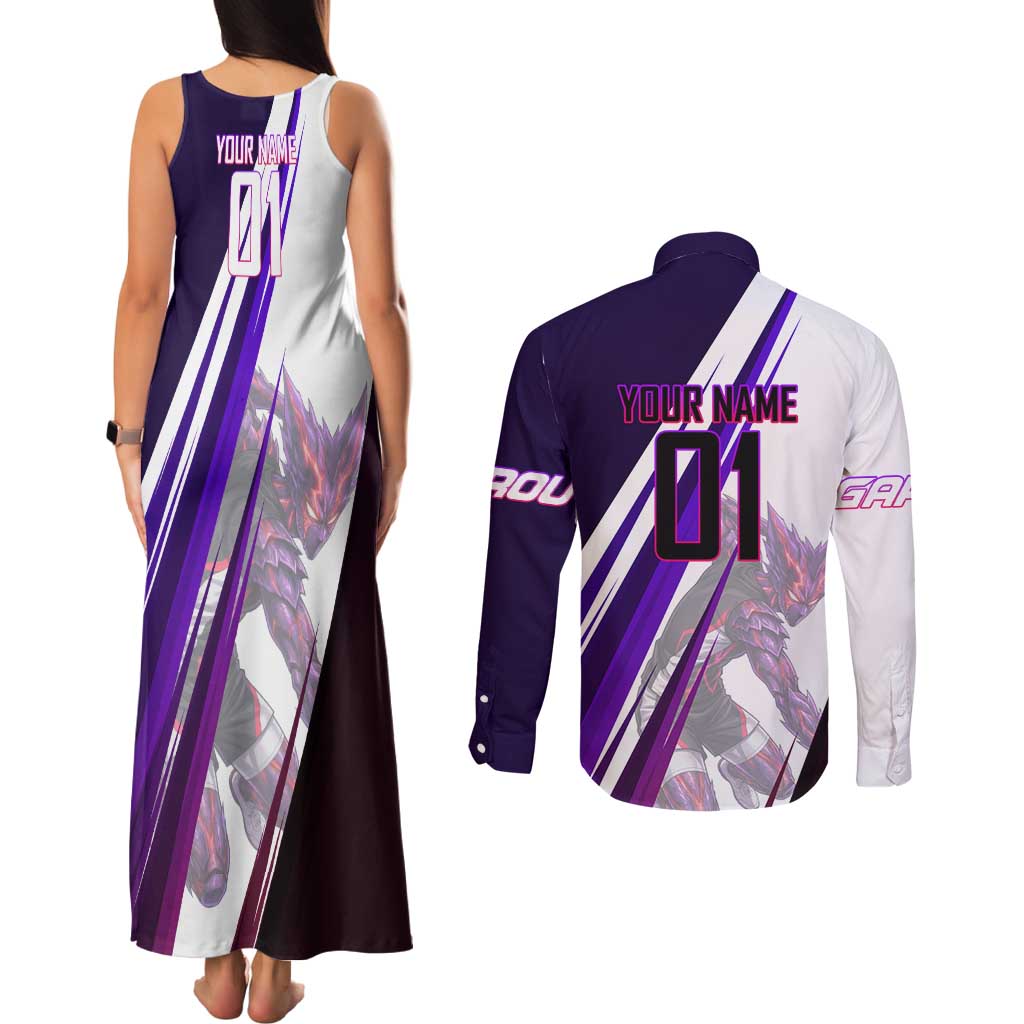 Personalized Garou Monster Volleyball Design Couples Matching Tank Maxi Dress and Long Sleeve Button Shirt with Dynamic Pose, Purple and White Diagonal Stripes Featuring One Punch Man Anime Theme