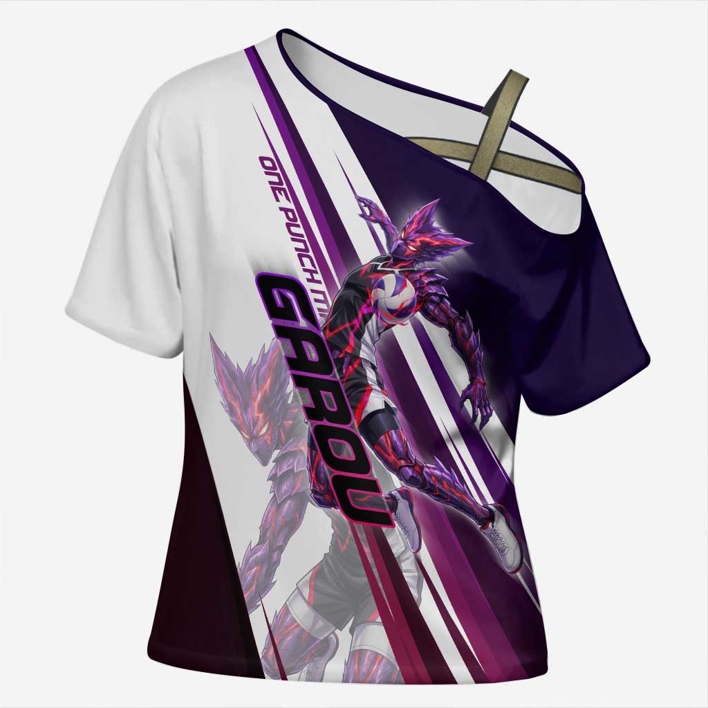Personalized Garou Monster Volleyball Design Cross Shoulder Shirt with Dynamic Pose, Purple and White Diagonal Stripes Featuring One Punch Man Anime Theme