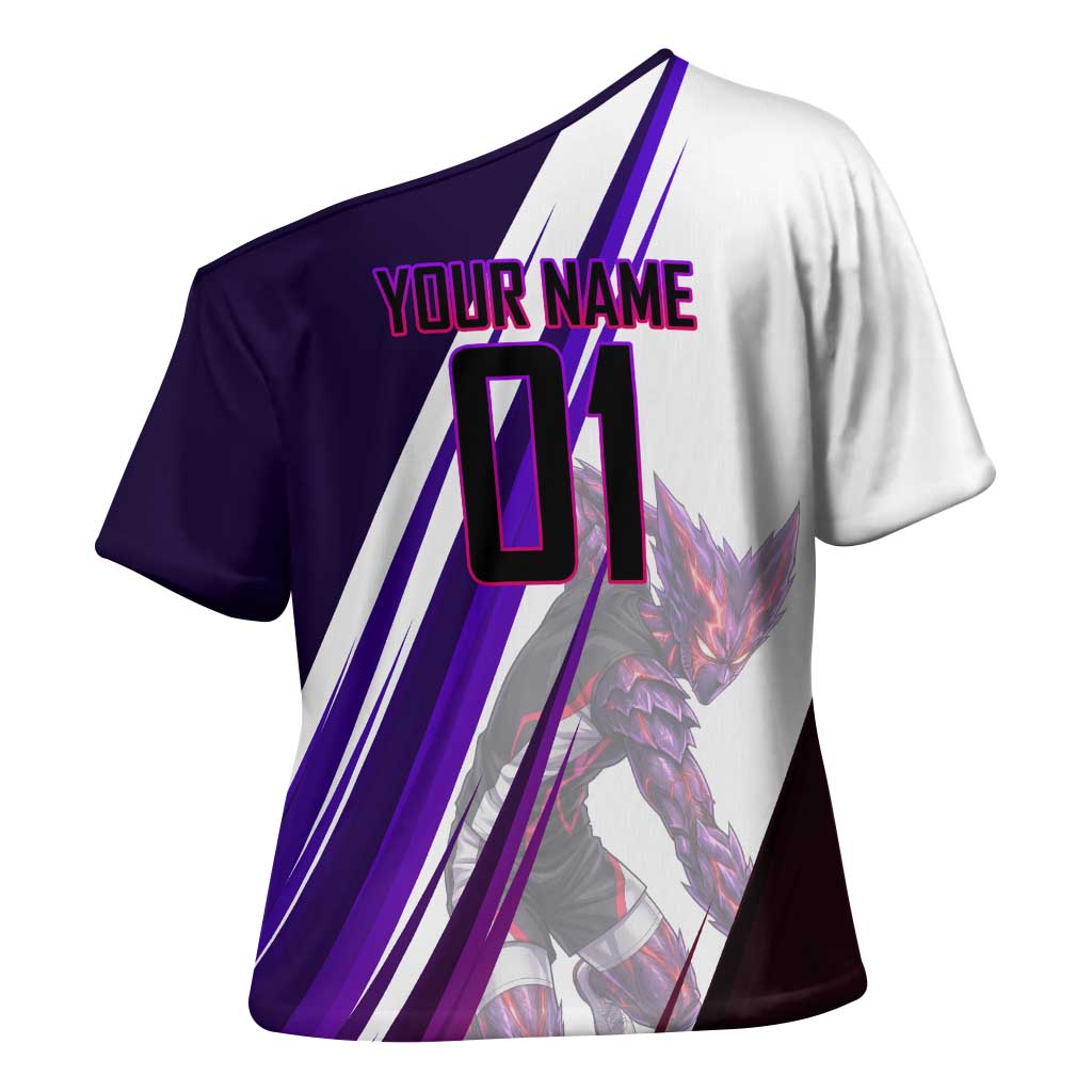 Personalized Garou Monster Volleyball Design Cross Shoulder Shirt with Dynamic Pose, Purple and White Diagonal Stripes Featuring One Punch Man Anime Theme