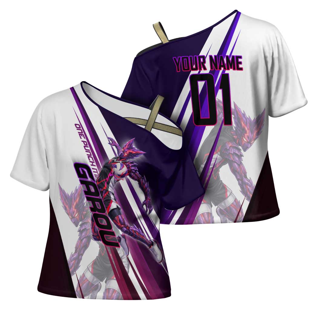 Personalized Garou Monster Volleyball Design Cross Shoulder Shirt with Dynamic Pose, Purple and White Diagonal Stripes Featuring One Punch Man Anime Theme