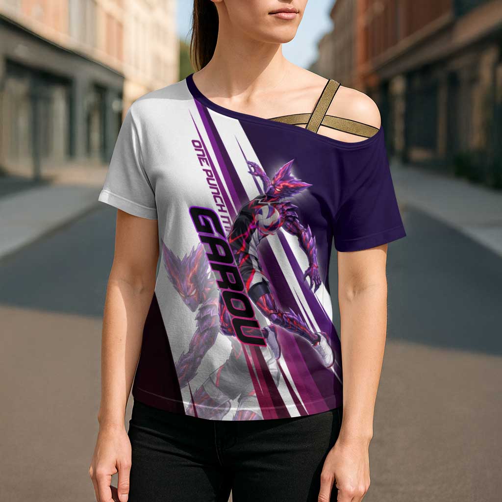 Personalized Garou Monster Volleyball Design Cross Shoulder Shirt with Dynamic Pose, Purple and White Diagonal Stripes Featuring One Punch Man Anime Theme