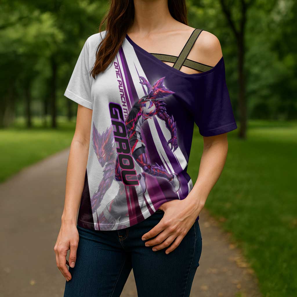 Personalized Garou Monster Volleyball Design Cross Shoulder Shirt with Dynamic Pose, Purple and White Diagonal Stripes Featuring One Punch Man Anime Theme