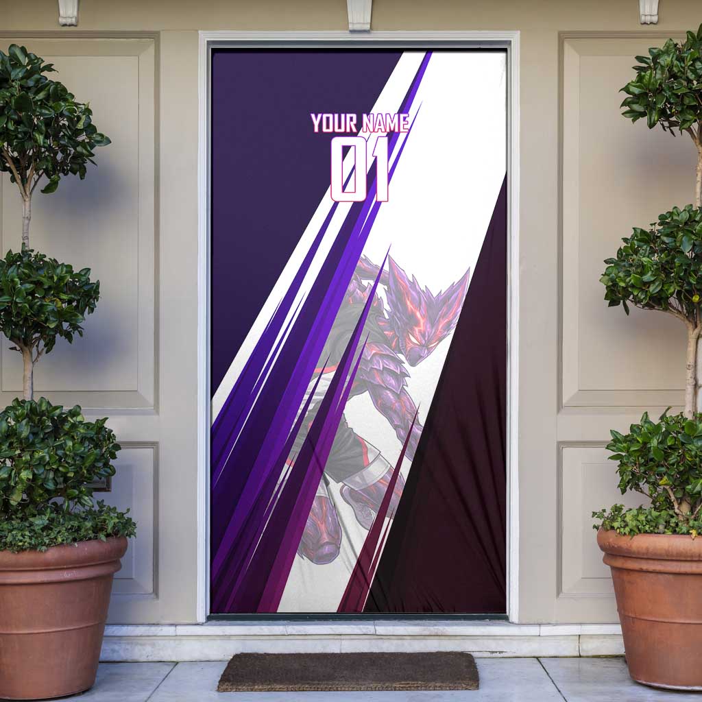Personalized Garou Monster Volleyball Design Door Cover with Dynamic Pose, Purple and White Diagonal Stripes Featuring One Punch Man Anime Theme