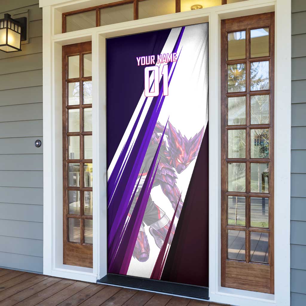 Personalized Garou Monster Volleyball Design Door Cover with Dynamic Pose, Purple and White Diagonal Stripes Featuring One Punch Man Anime Theme