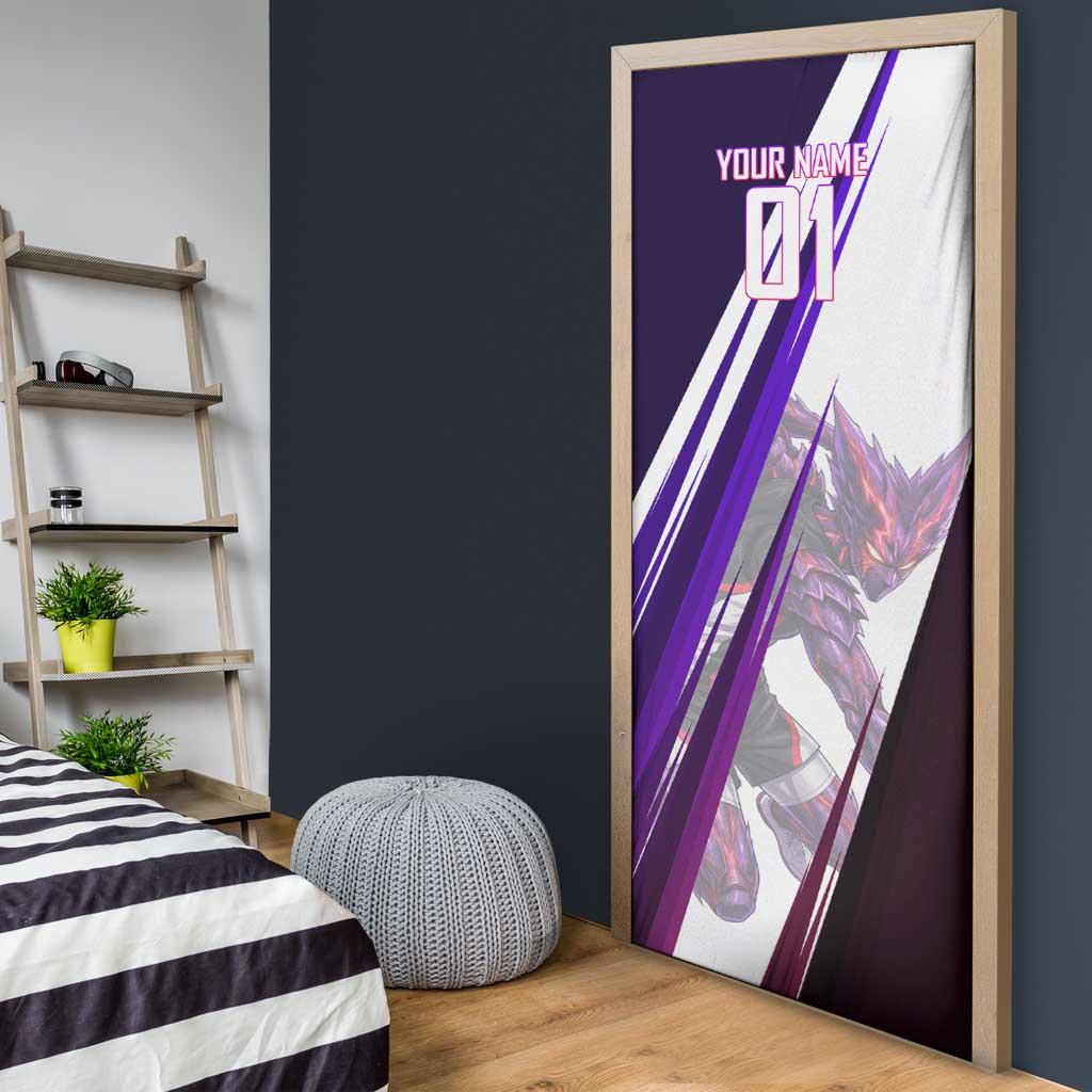Personalized Garou Monster Volleyball Design Door Cover with Dynamic Pose, Purple and White Diagonal Stripes Featuring One Punch Man Anime Theme