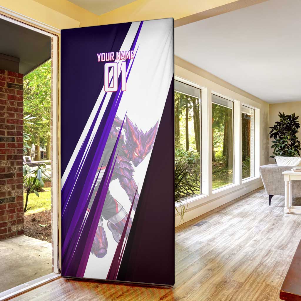 Personalized Garou Monster Volleyball Design Door Cover with Dynamic Pose, Purple and White Diagonal Stripes Featuring One Punch Man Anime Theme