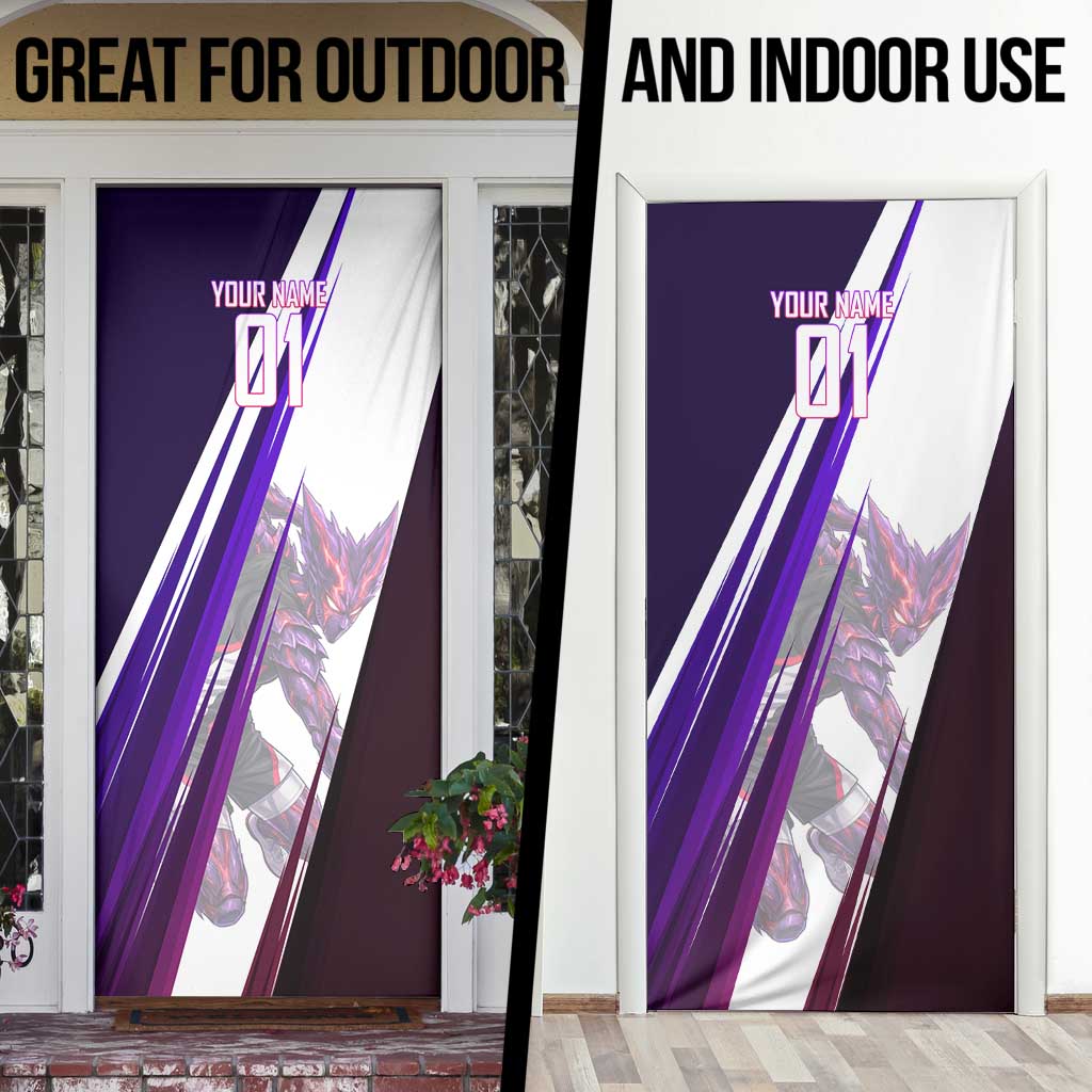 Personalized Garou Monster Volleyball Design Door Cover with Dynamic Pose, Purple and White Diagonal Stripes Featuring One Punch Man Anime Theme