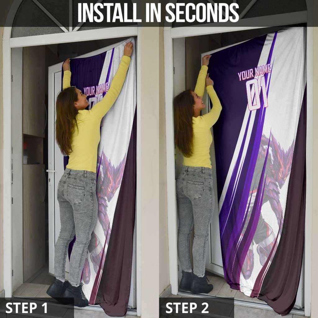 Personalized Garou Monster Volleyball Design Door Cover with Dynamic Pose, Purple and White Diagonal Stripes Featuring One Punch Man Anime Theme