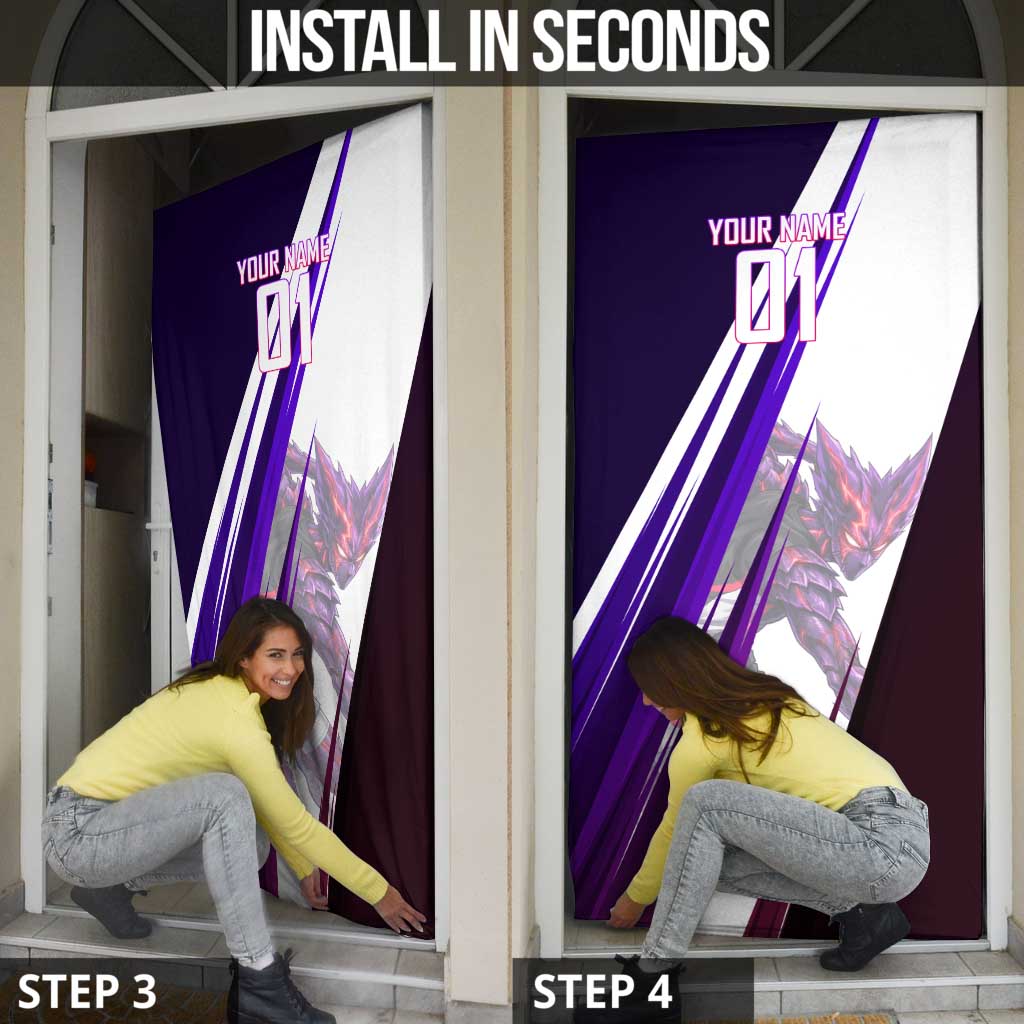 Personalized Garou Monster Volleyball Design Door Cover with Dynamic Pose, Purple and White Diagonal Stripes Featuring One Punch Man Anime Theme