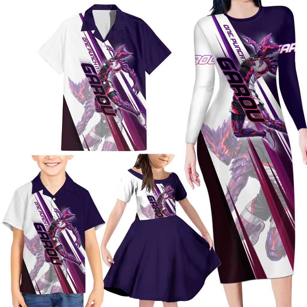 Personalized Garou Monster Volleyball Design Family Matching Long Sleeve Bodycon Dress and Hawaiian Shirt with Dynamic Pose, Purple and White Diagonal Stripes Featuring One Punch Man Anime Theme