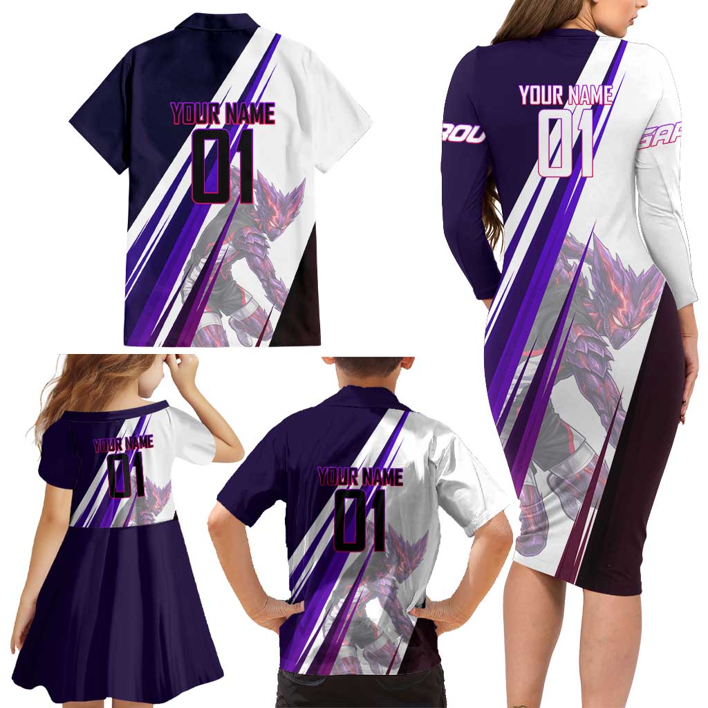 Personalized Garou Monster Volleyball Design Family Matching Long Sleeve Bodycon Dress and Hawaiian Shirt with Dynamic Pose, Purple and White Diagonal Stripes Featuring One Punch Man Anime Theme