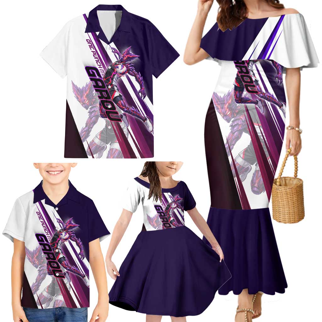 Personalized Garou Monster Volleyball Design Family Matching Mermaid Dress and Hawaiian Shirt with Dynamic Pose, Purple and White Diagonal Stripes Featuring One Punch Man Anime Theme