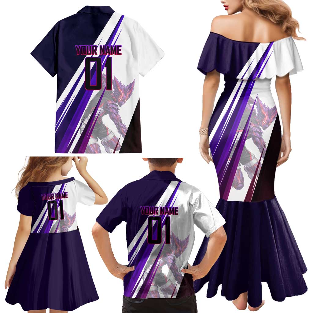 Personalized Garou Monster Volleyball Design Family Matching Mermaid Dress and Hawaiian Shirt with Dynamic Pose, Purple and White Diagonal Stripes Featuring One Punch Man Anime Theme