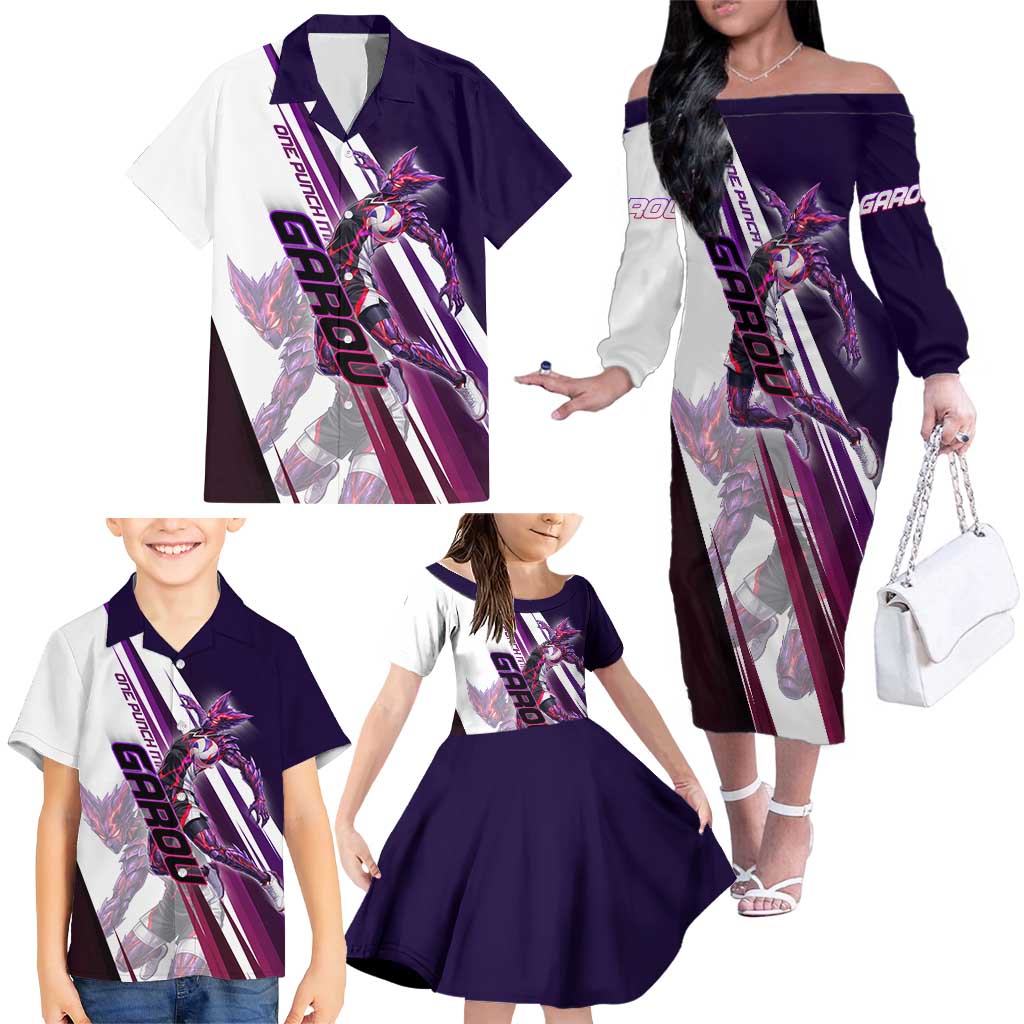 Personalized Garou Monster Volleyball Design Family Matching Off The Shoulder Long Sleeve Dress and Hawaiian Shirt with Dynamic Pose, Purple and White Diagonal Stripes Featuring One Punch Man Anime Theme