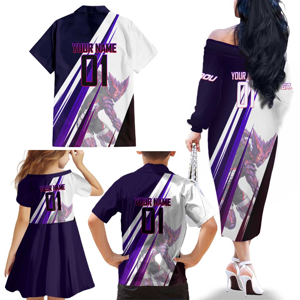 Personalized Garou Monster Volleyball Design Family Matching Off The Shoulder Long Sleeve Dress and Hawaiian Shirt with Dynamic Pose, Purple and White Diagonal Stripes Featuring One Punch Man Anime Theme