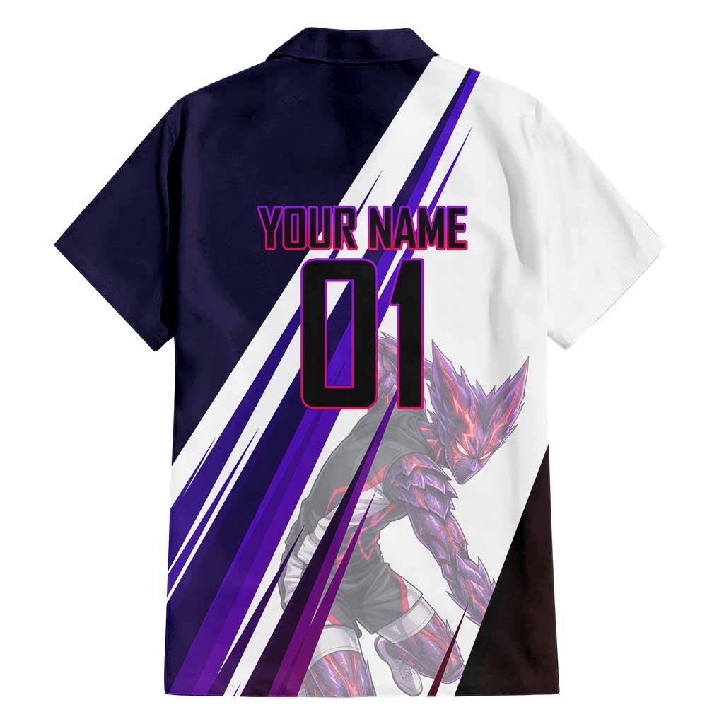 Personalized Garou Monster Volleyball Design Family Matching Off The Shoulder Long Sleeve Dress and Hawaiian Shirt with Dynamic Pose, Purple and White Diagonal Stripes Featuring One Punch Man Anime Theme