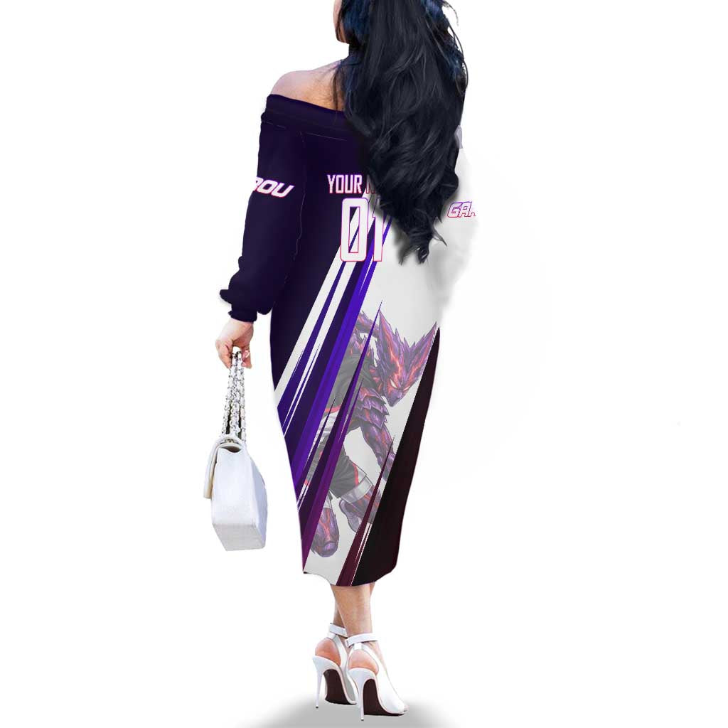 Personalized Garou Monster Volleyball Design Family Matching Off The Shoulder Long Sleeve Dress and Hawaiian Shirt with Dynamic Pose, Purple and White Diagonal Stripes Featuring One Punch Man Anime Theme