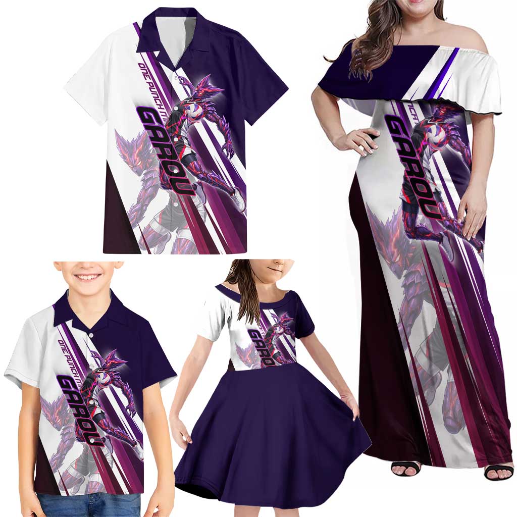 Personalized Garou Monster Volleyball Design Family Matching Off Shoulder Maxi Dress and Hawaiian Shirt with Dynamic Pose, Purple and White Diagonal Stripes Featuring One Punch Man Anime Theme
