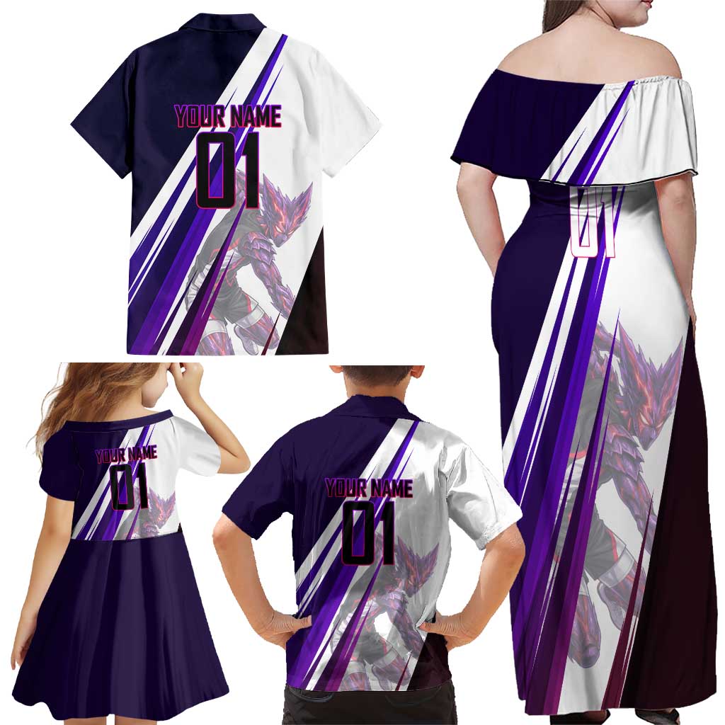Personalized Garou Monster Volleyball Design Family Matching Off Shoulder Maxi Dress and Hawaiian Shirt with Dynamic Pose, Purple and White Diagonal Stripes Featuring One Punch Man Anime Theme