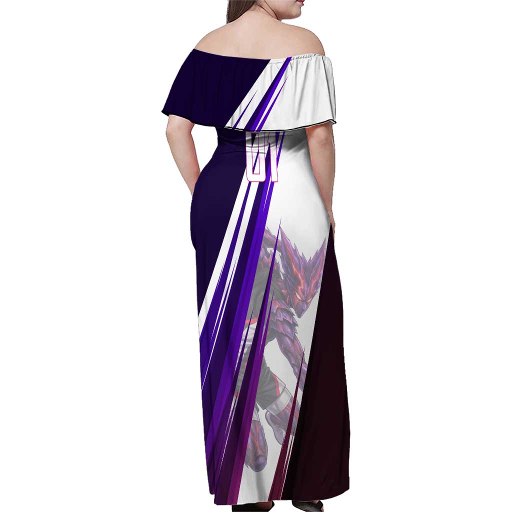 Personalized Garou Monster Volleyball Design Family Matching Off Shoulder Maxi Dress and Hawaiian Shirt with Dynamic Pose, Purple and White Diagonal Stripes Featuring One Punch Man Anime Theme